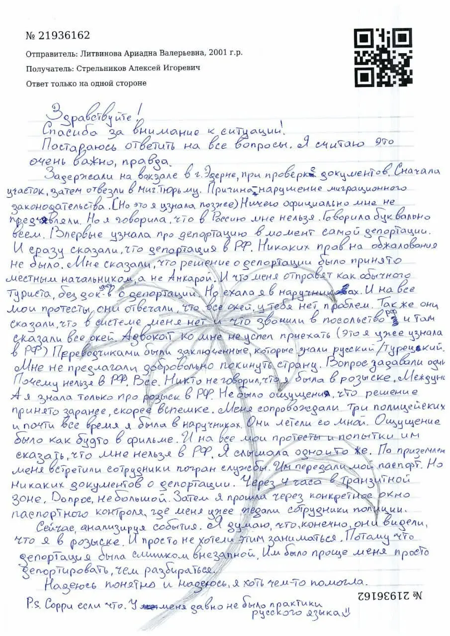 Литвинова утверждает, что узнала о решении о депортации уже во время самой процедуры и не имела возможности обжаловать его. По её словам, задержание в Турции связано с нарушением миграционного законодательства; в России её ждали полицейские, ранее против неё возбуждали административные и уголовные дела.