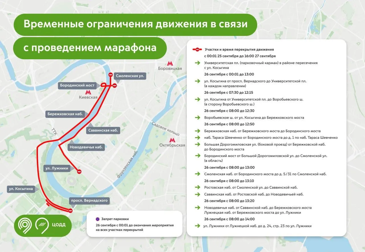 Из-за Московского марафона ограничат движение на участках улиц и набережных столицы.