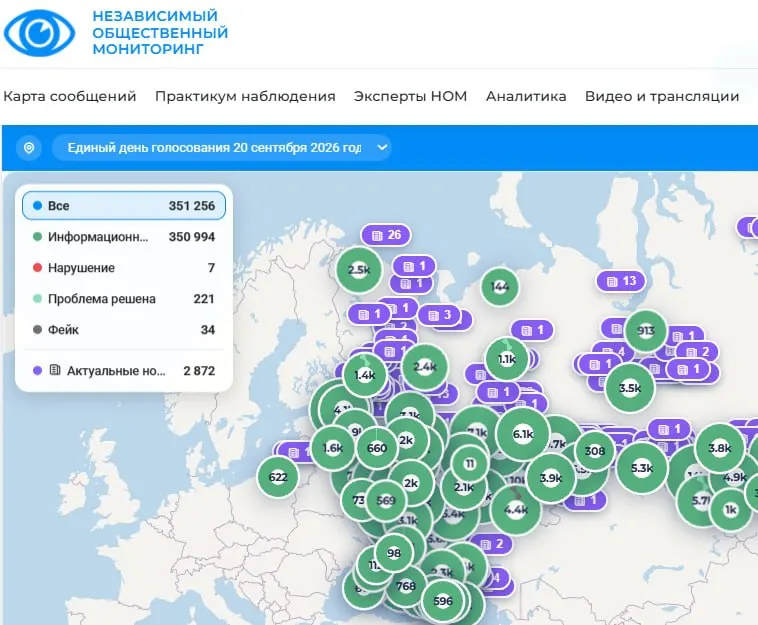 Мониторинг выборов собирает данные наблюдателей: на интерактивной карте зафиксировано 351 256 якобы переданных наблюдателями с участков, основная часть — информационные обновления, редкие нарушения и фейки.
