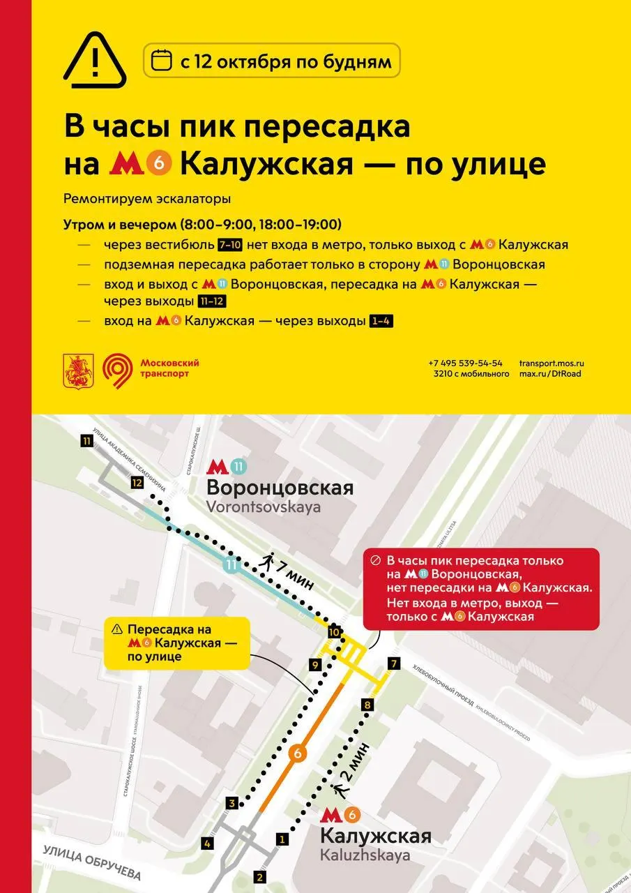 Из‑за ремонта эскалаторов часть перехода к Калужской станет наземной в часы пик; переход к Воронцовской останется подземным.