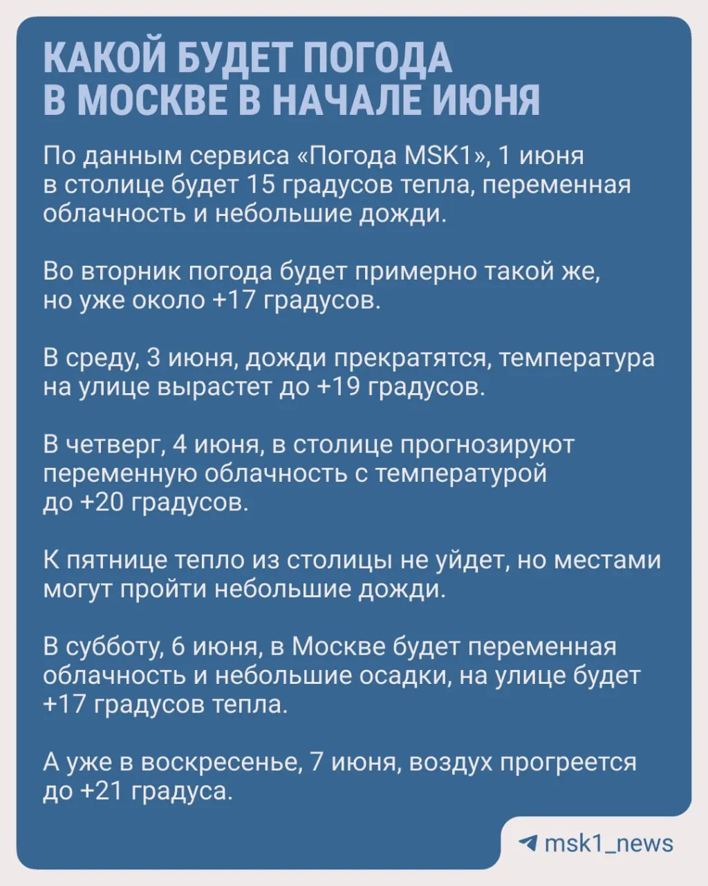 В начале июня в столицу придёт тёплая погода: к выходным воздух прогреется до +27°C. 1 июня местами пройдут кратковременные дожди, днем ожидается 17–19°C, предупреждает синоптик.