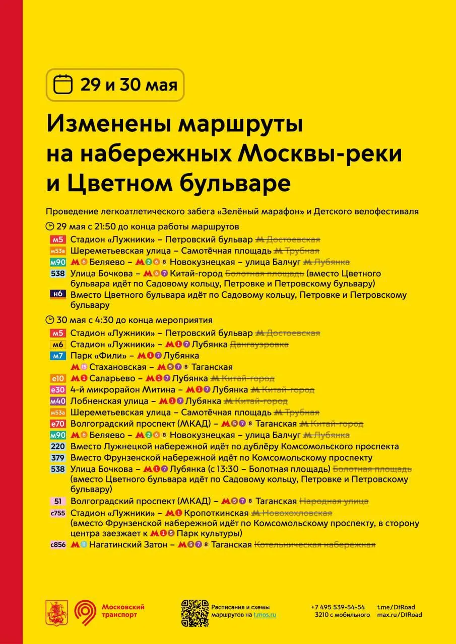 В столице 29 и 30 мая скорректируют движение общественного транспорта из‑за забега, детского велофестиваля и триатлона. Изменения коснутся набережных Москвы‑реки, Цветного бульвара, Крылатского и Хорошёво‑Мнёвников.