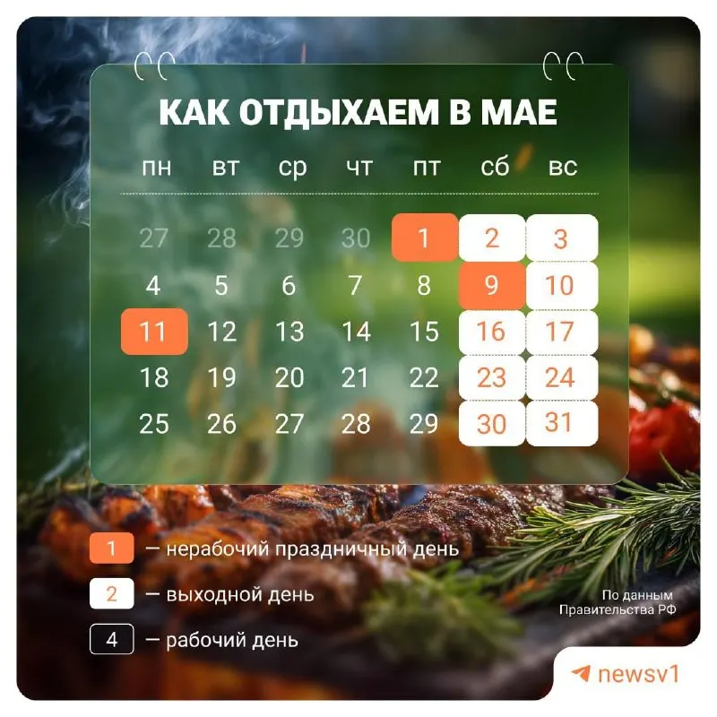С 9 по 11 мая включительно объявлены официальные нерабочие дни в связи с празднованием Дня Победы.