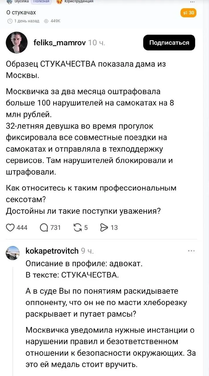 После комментария адвоката Феликса Мамрова в сети разгорелась массовая критика: его осудили за употреблённое в адрес жалобщицы слово, в обсуждении появились оскорбления, а затем — публикация личных данных правовой практики и инструкции по жалобам на него.