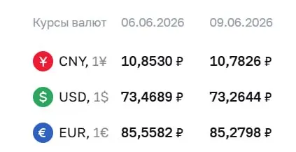 Официальный курс ЦБ на 9 июня: доллар — 73,26 ₽, евро — 85,28 ₽. По курсу проходят расчеты по ряду финансовых инструментов.