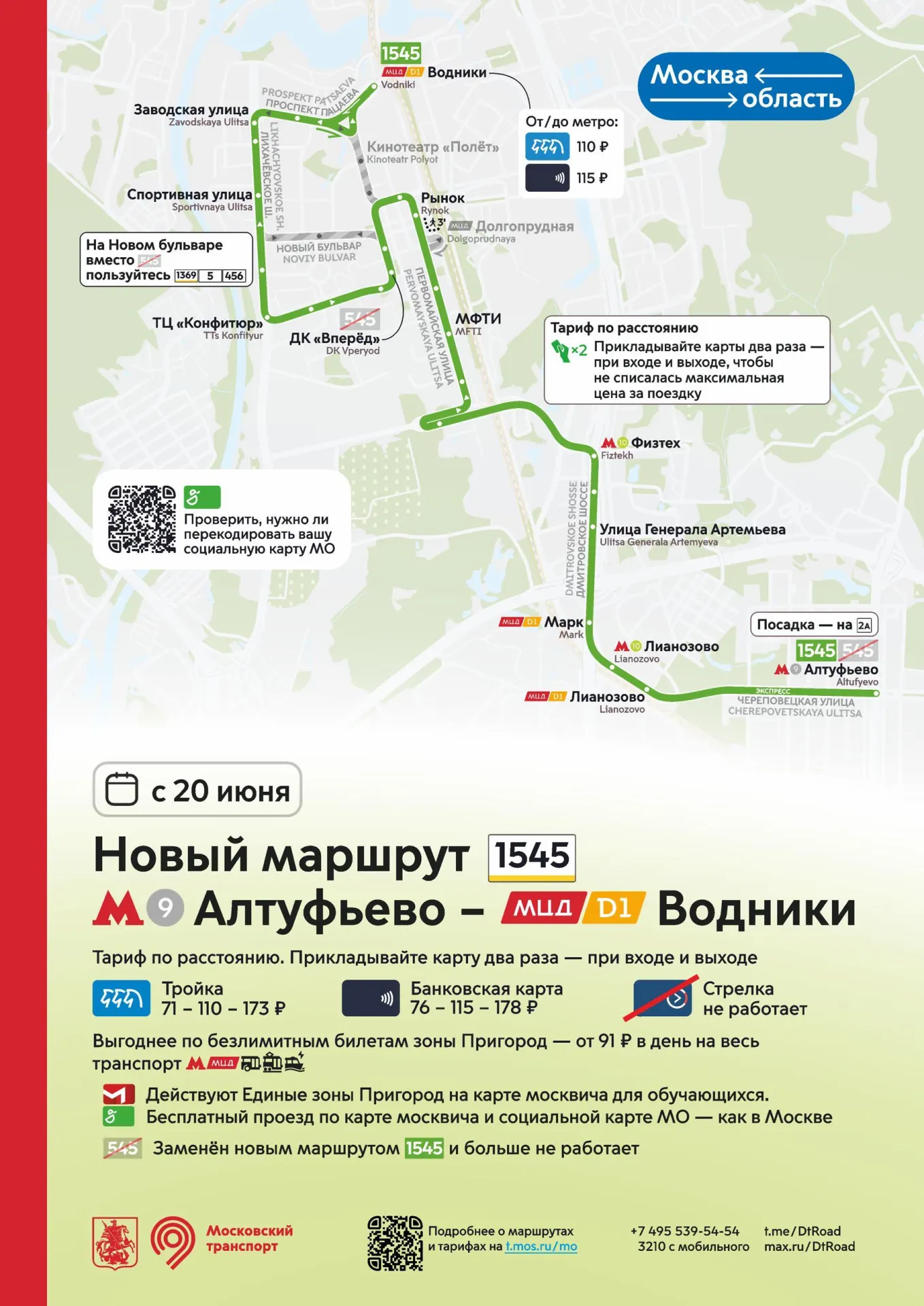 Три маршрута начнут ходить 20 июня: №1545 (Алтуфьево — МЦД «Водники»), №1273 (Алтуфьево — Поведники) и №1279 (Медведково — Поведники). Тарифы зависят от способа оплаты.