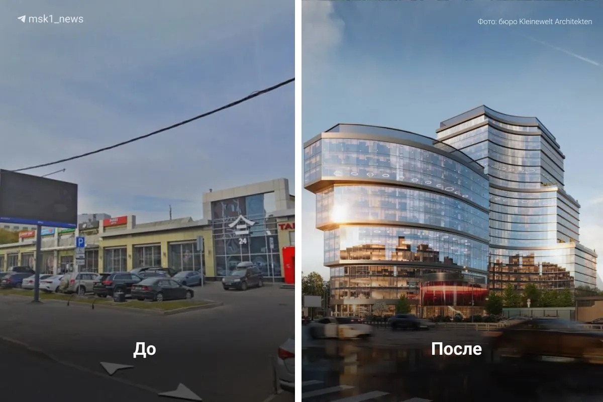 На месте старого торгового центра появится комплекс из двух башен — 23 и 13 этажей — и отдельно стоящее здание с рестораном; визуализация проекта уже согласована.