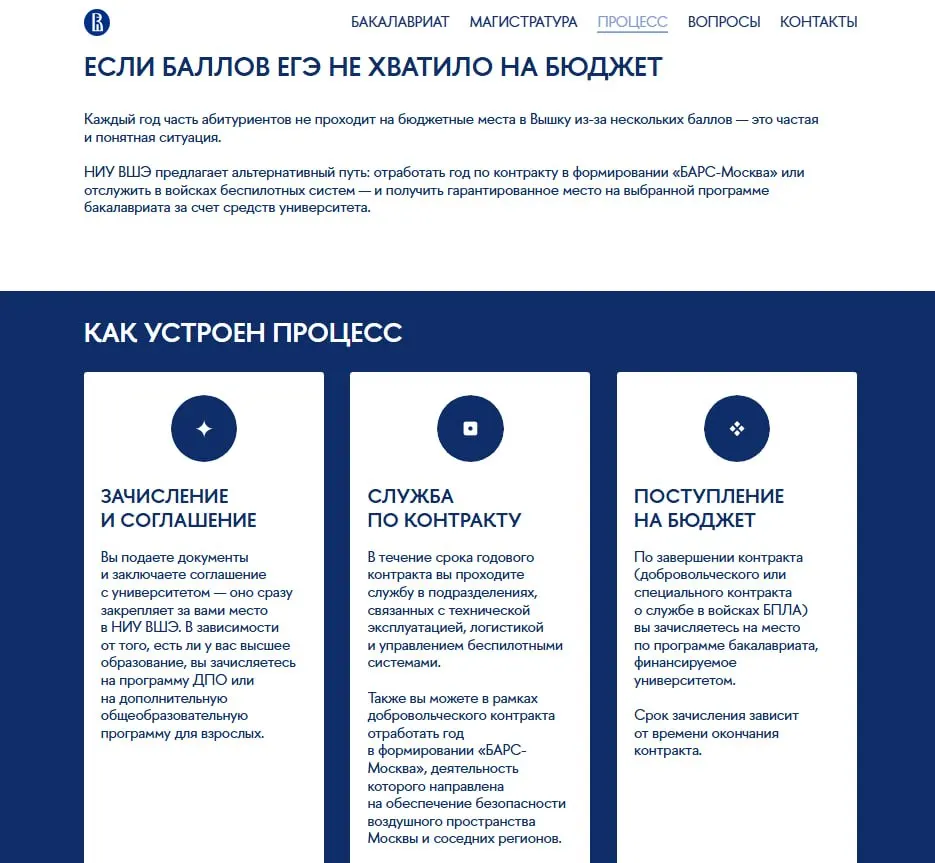 Высшая школа экономики расширила квоты на 2026 год и предложила полностью покрывать обучение абитуриентов, подписавших контракт через вуз и отслуживших год в «БАРС‑Москва» или в подразделениях БПЛА; после службы гарантируется зачисление.