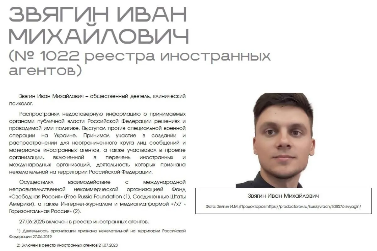 Иван Звягин требует защиты от публичной маркировки и называет размещение «выставки» на сайте Министерства юстиции дискриминацией и нарушением его прав.