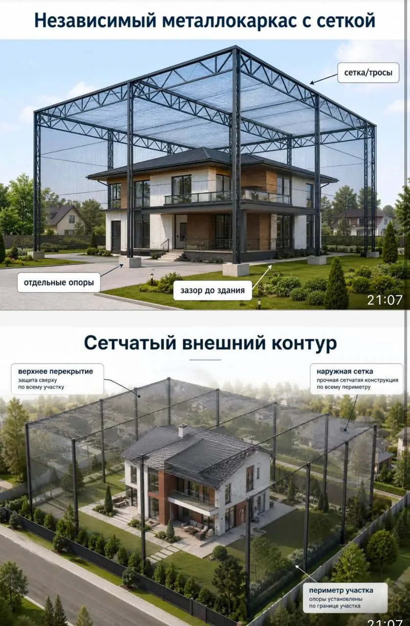 В Московской области домовладельцы и застройщики всё чаще устанавливают металлические каркасы с защитной сеткой вокруг коттеджей, а страховщики вводят отдельные опции от повреждений, связанных с беспилотниками.