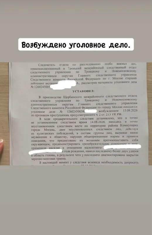 Семилетний мальчик из Тувы получил травмы во дворе московского жилого комплекса; у него диагностирована черепно-мозговая травма средней тяжести. Следственные органы возбудили дело по статье 213 УК (хулиганство); вероятное прекращение дела возможно из-за возраста напавших.