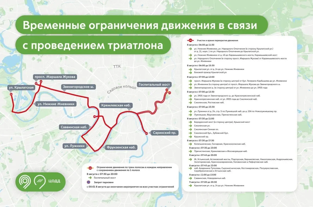 8–9 августа в Москве из-за триатлона перекроют движения в нескольких районах; движение ограничат с 6:00 до 23:00.