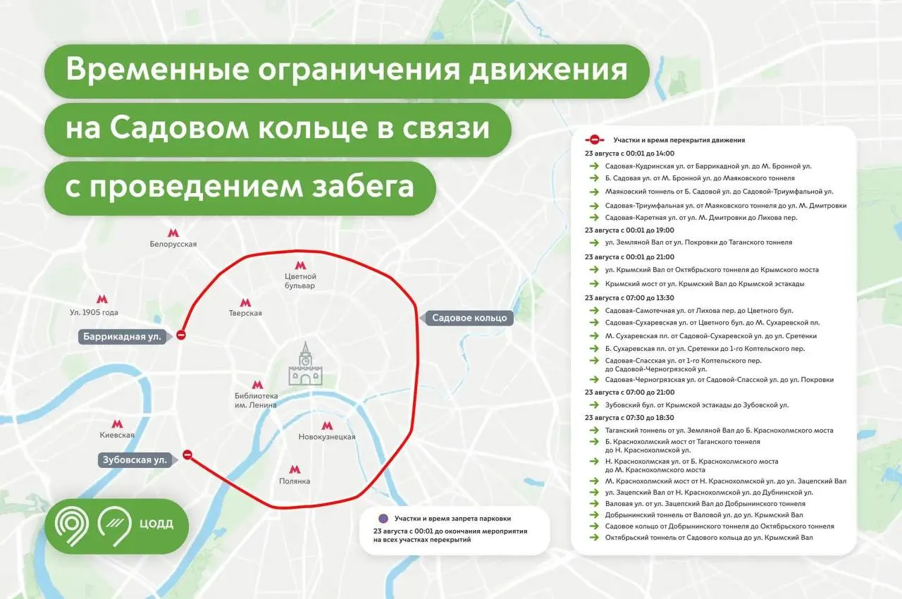 Из-за масштабного забега в Москве перекроют Садовое кольцо почти на сутки; запретят парковку на участках, включая Крымский Вал.