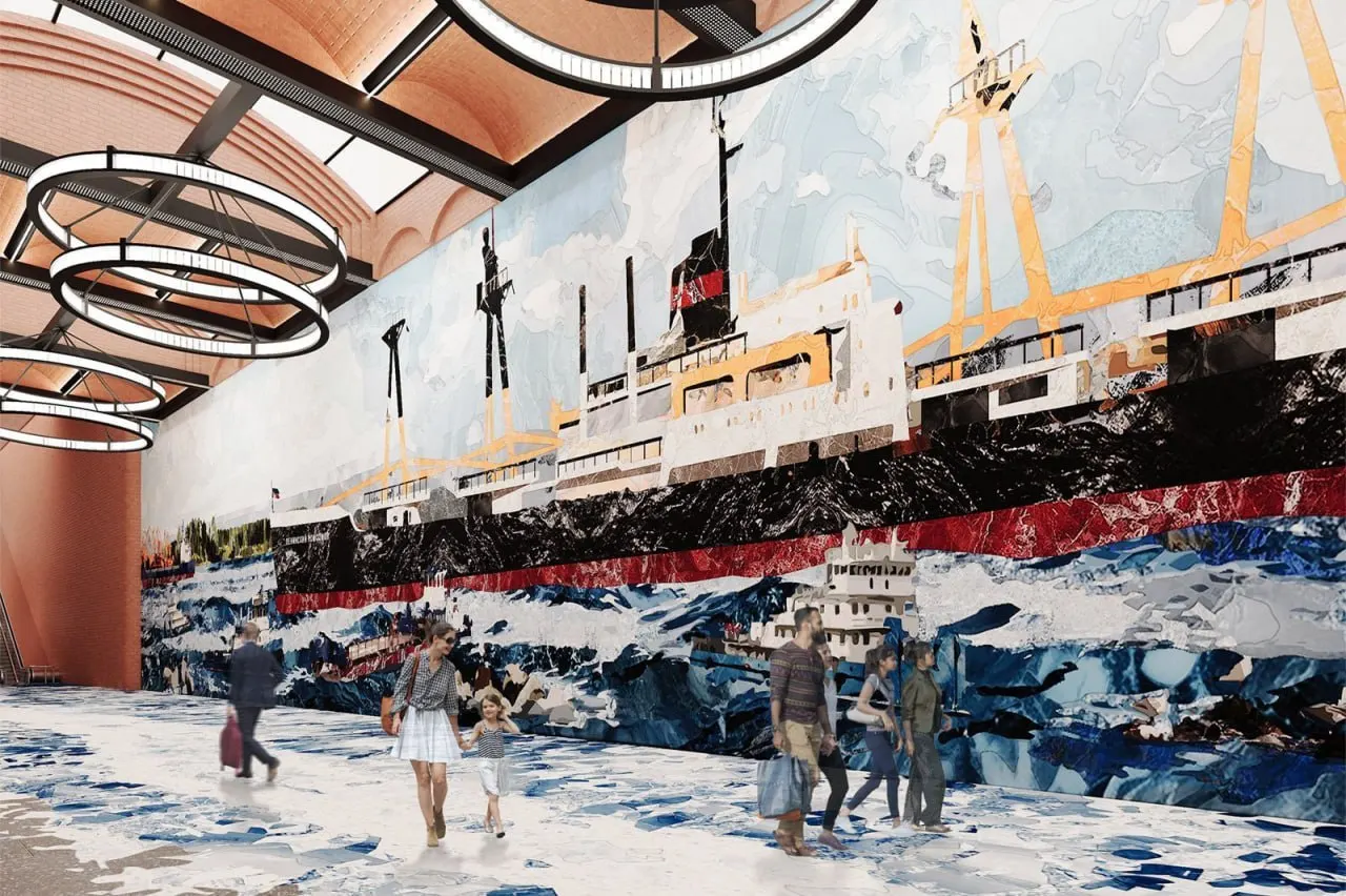 На салатовой ветке московского метро начали строить станцию «Южный порт». Её оформят в индустриальном стиле с мозаикой над эскалаторами; завершение работ запланировано на 2030 год.