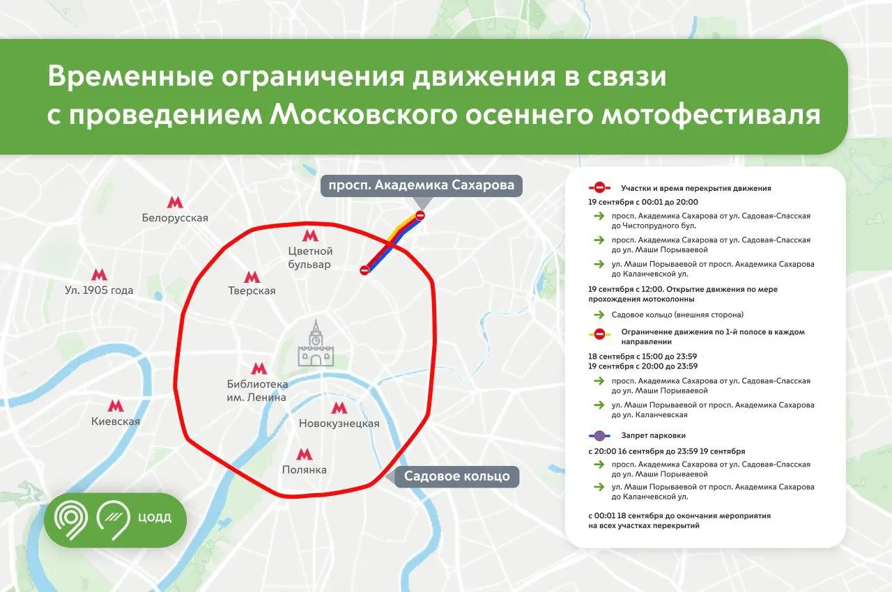 Из-за проведения мотофестиваля в столице перекроют Садовое кольцо и близлежащие дороги: перекрытия на проспекте Академика Сахарова и улице Маши Порываевой с полуночи до 20:00, а сам участок Садового кольца — с 12:00.