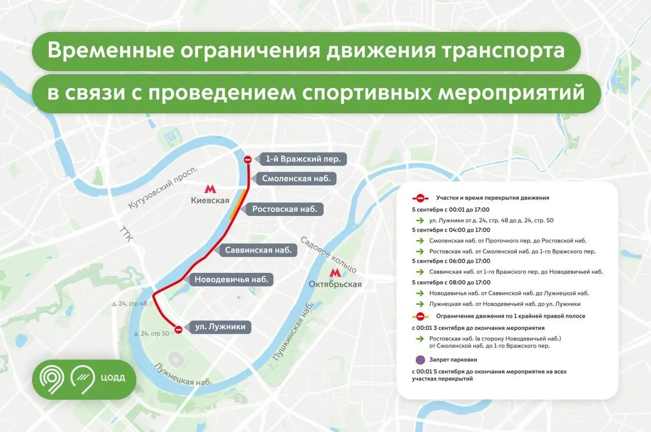 Выходные в столице отметят временными ограничениями движения на набережных и в центре города в связи с проведением праздничных и спортивных мероприятий.