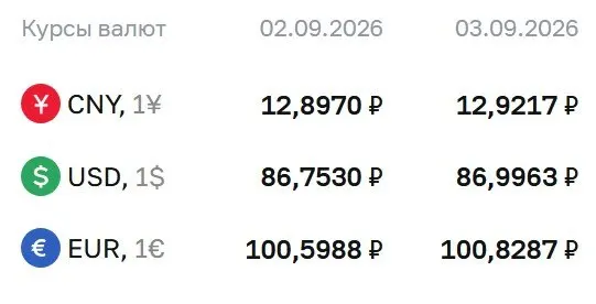 Официальные курсы на 3 сентября: доллар близок к отметке 87 рублей; евро — около 100,83 ₽; юань — около 12,92 ₽.