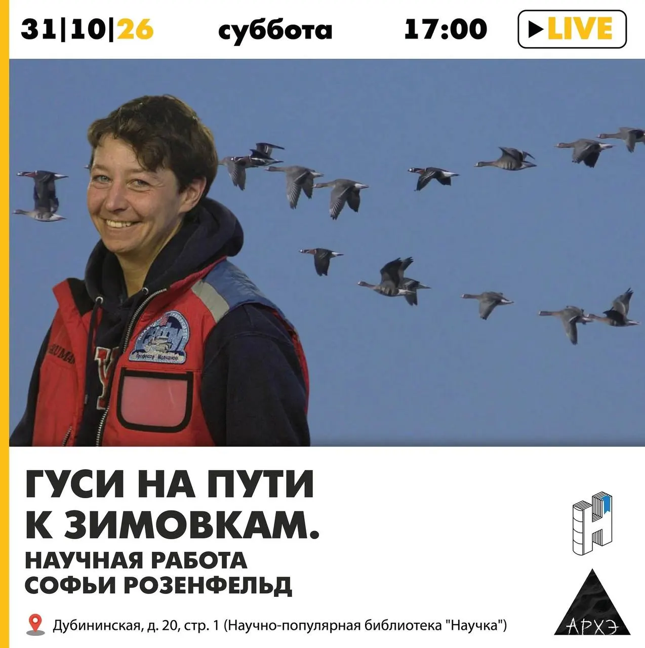 В Москве пройдет встреча, посвященная миграции гусей и результатам исследований Софьи Розенфельд, с демонстрацией фильма и докладами.
