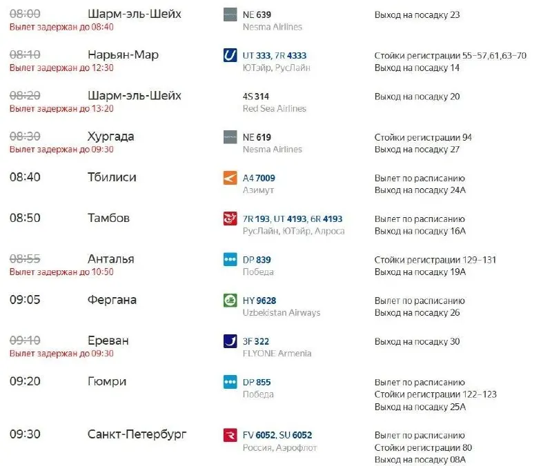Наибольшие задержки зафиксированы в Шереметьево: вылеты задержаны 23 рейса, прилеты — 59; отменено три рейса. За ними следуют Внуково: задержаны 18 вылетов, 25 прилетов, ещё 10 рейсов отменены.
